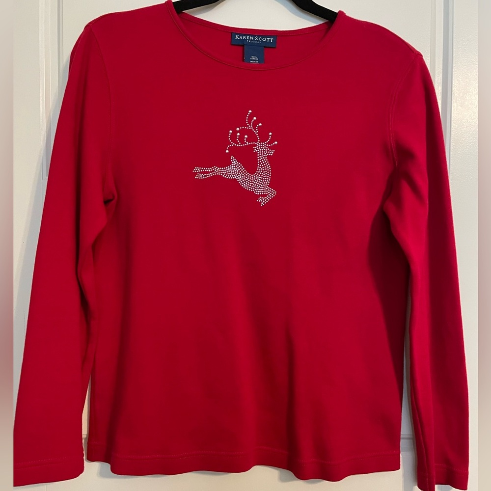 Women’s Red Long Sleeve Shirt with beaded Reindeer Design